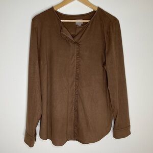 Chico's | Chocolate Brown Faux Suede Ruffle Front Top | Large